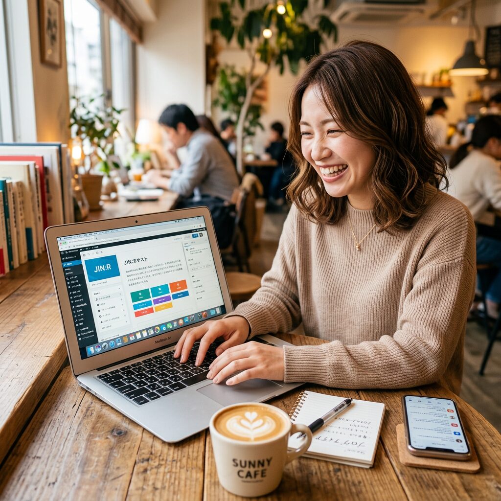 Smiling woman working on a laptop at a wooden table in a café with coffee, notebook, and smartphone.