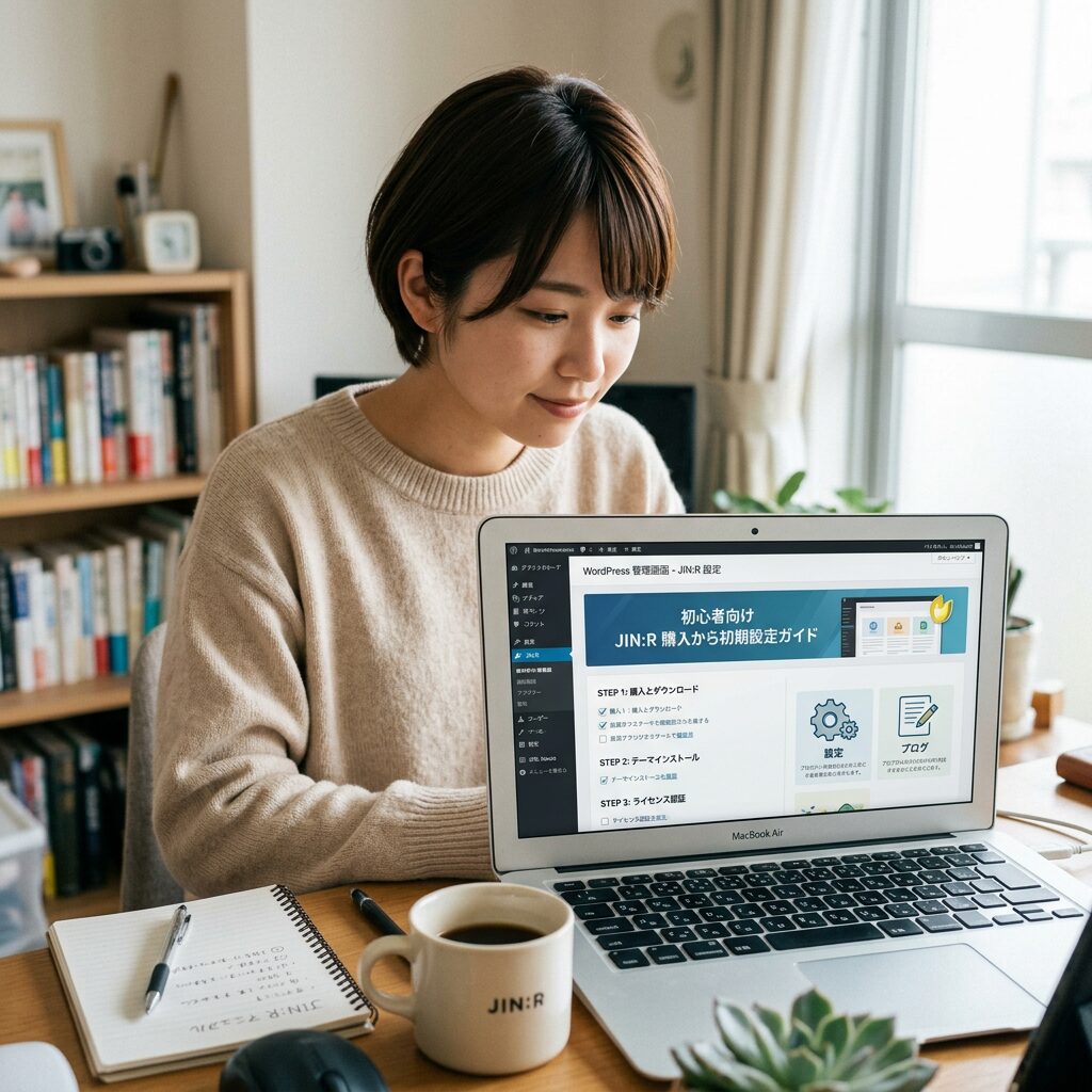 Woman looking at WordPress setup guide on laptop screen with notebook and coffee cup nearby