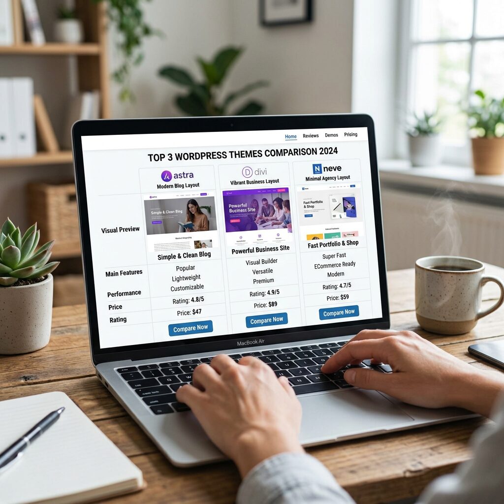Comparison chart of top 3 WordPress themes Astra, Divi, and Neve with features, performance, price, and ratings