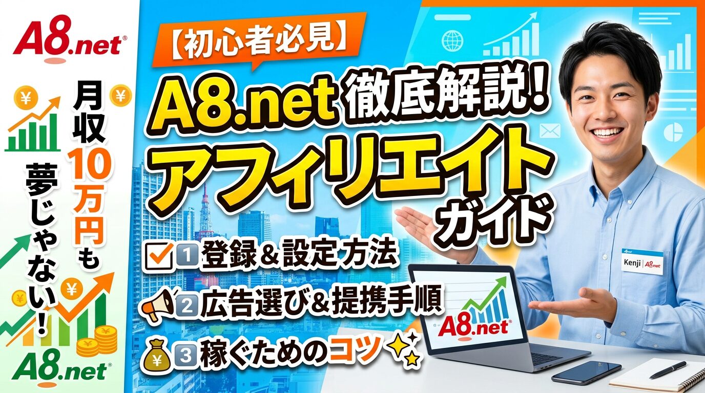 Smiling man in blue shirt presenting A8.net affiliate marketing guide with registration, ad selection, and earning tips