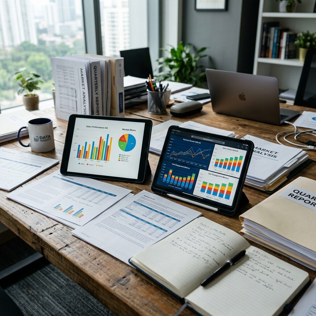 Workspace with tablets displaying business charts and various printed reports and notebooks