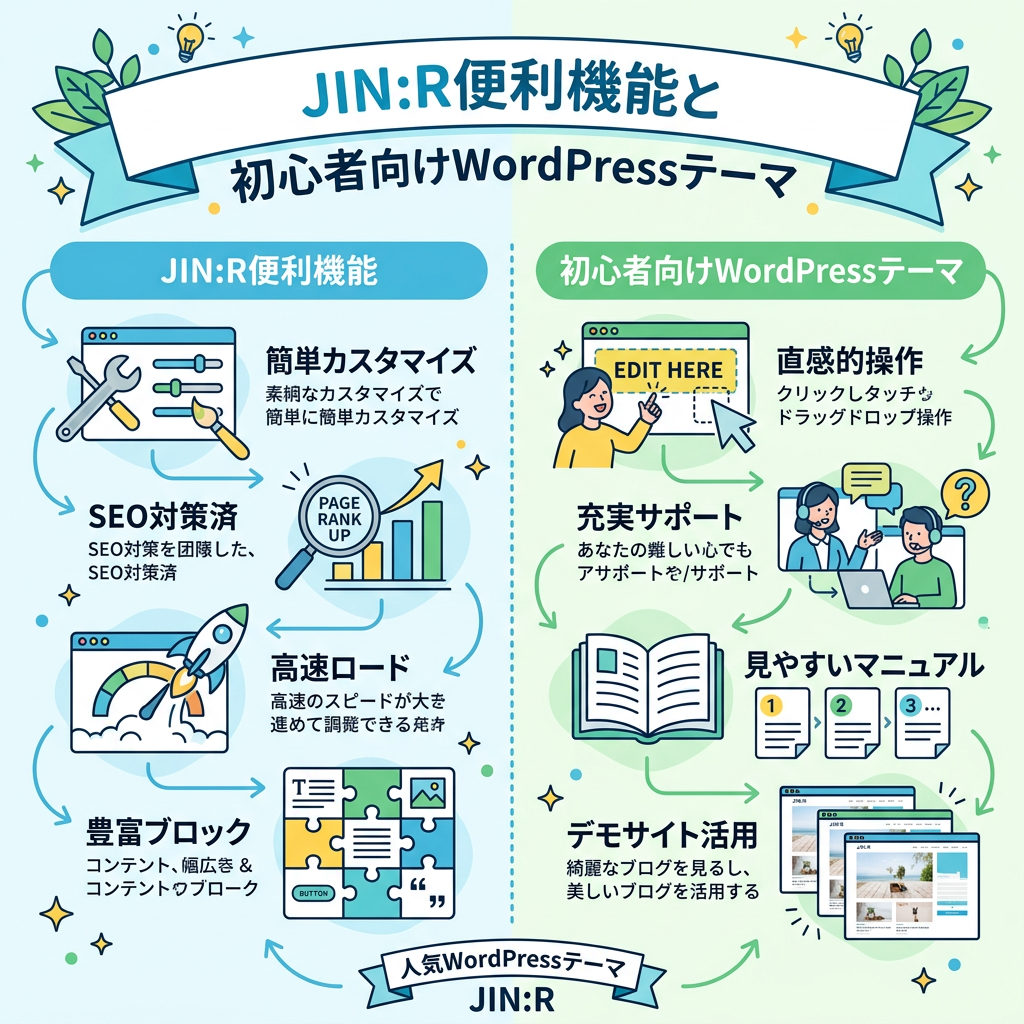 JIN:R便利機能と初心者向けWordPressテーマ。簡単カスタマイズ、SEO対策済、高速ロード、豊富ブロック、直感的操作、充実サポート、見やすいマニュアル、デモサイト活用。人気WordPressテーマ JIN:R。